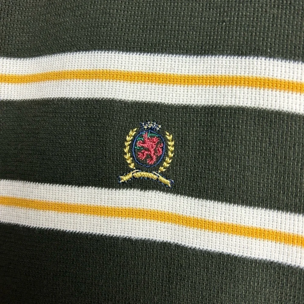VTG Tommy Hilfiger Green Striped‎ Polo Shirt Mens Sz L Logo Thermal Equestrian